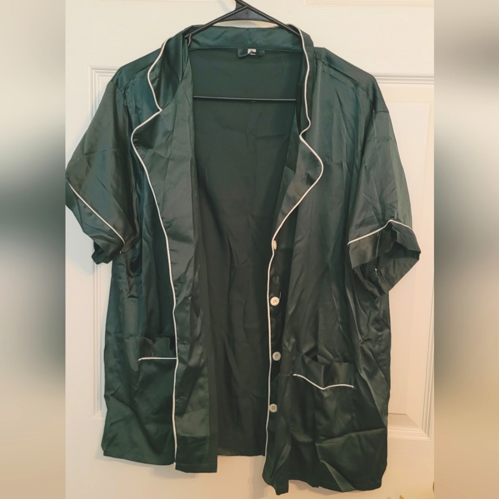 Dark Green Satin Pajama Set With White Trim